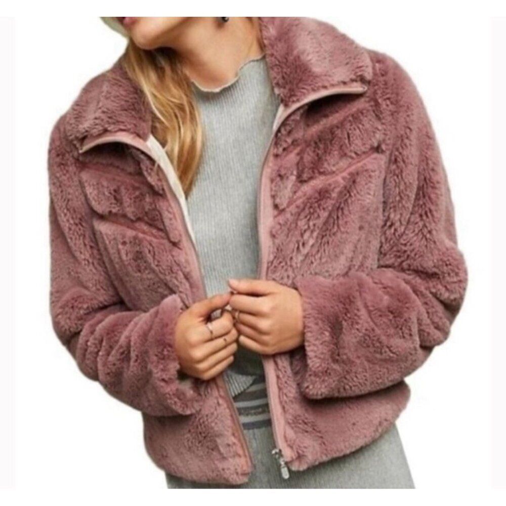 Anthropologie Faux Fur Lace Chevron Bomber dusty mauve Pink Long Sleeve Jacket S